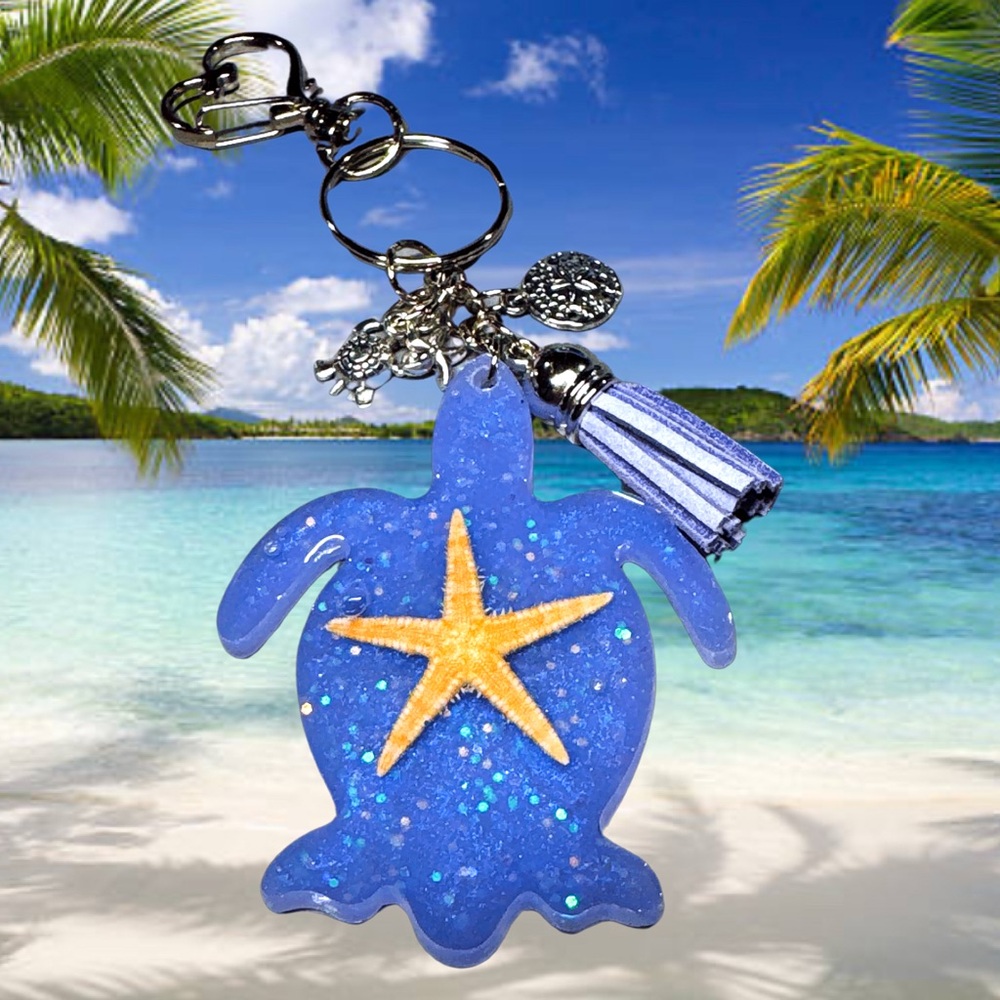 Blue Sea Turtle Keychain/Purse Charm with Starfish Design